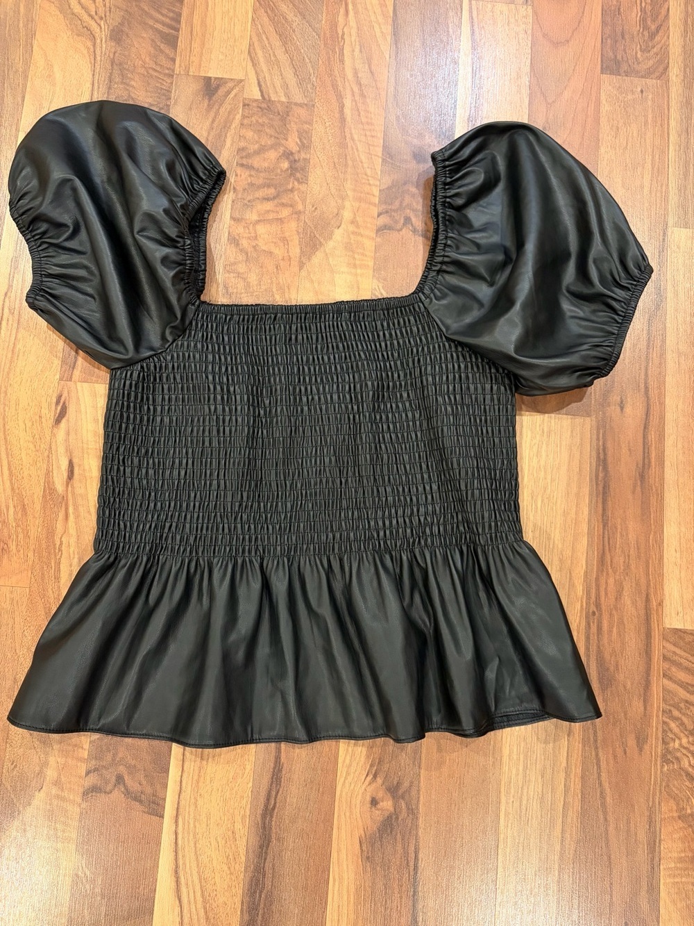 Smocked Square-Neck Peplum Top in Black - Picture 2 of 8